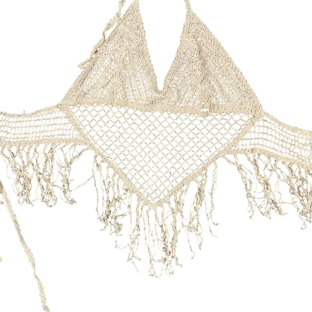 Julia by Love J Crochet Halter Top Beige Natural Cotton Boho Fringe Festival NWT - Picture 3 of 8